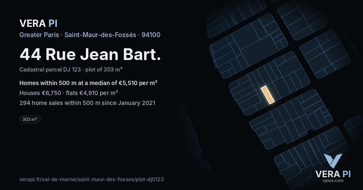 44 Rue Jean Bart, Saint-Maur-des-Fossés at night – the plot lit, the parcels around coloured by the prices near them