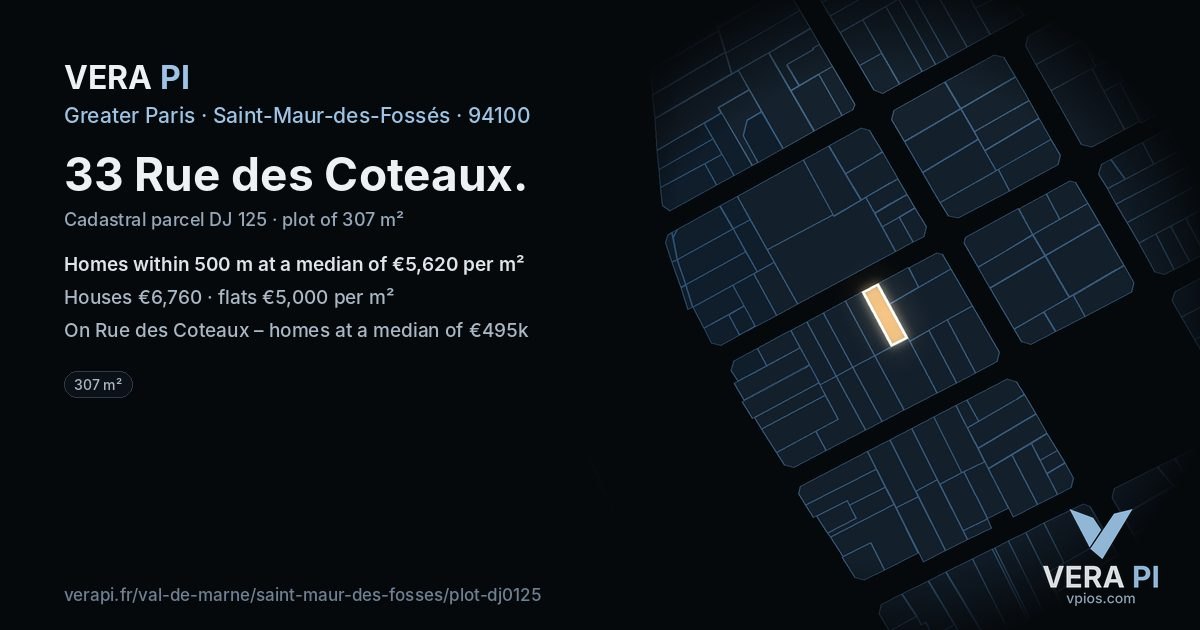 33 Rue des Coteaux, Saint-Maur-des-Fossés at night – the plot lit, the parcels around coloured by the prices near them