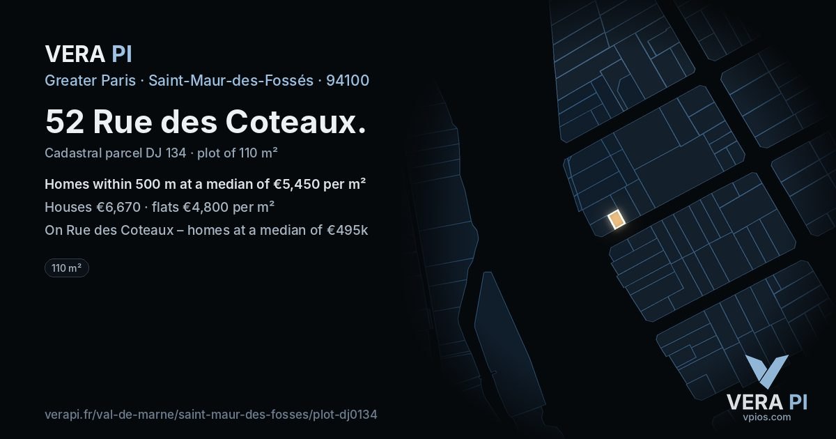 52 Rue des Coteaux, Saint-Maur-des-Fossés at night – the plot lit, the parcels around coloured by the prices near them