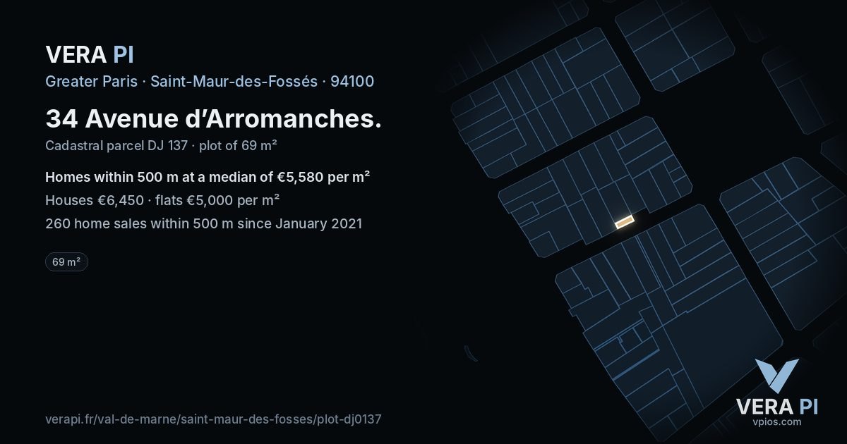 34 Avenue d’Arromanches, Saint-Maur-des-Fossés at night – the plot lit, the parcels around coloured by the prices near them