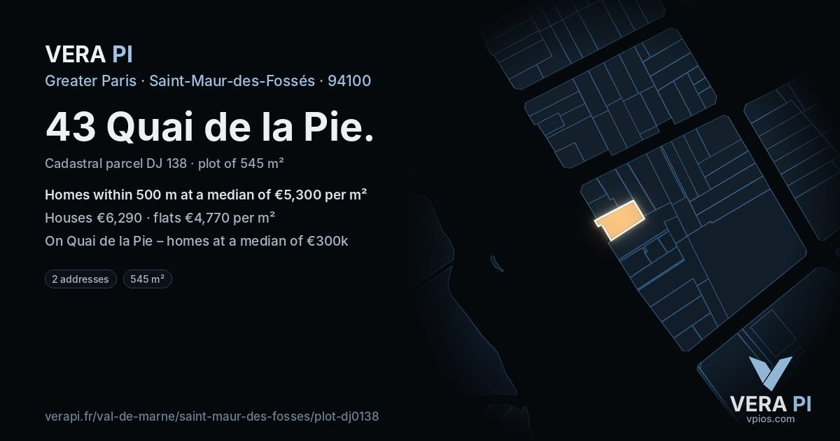 43 Quai de la Pie, Saint-Maur-des-Fossés at night – the plot lit, the parcels around coloured by the prices near them