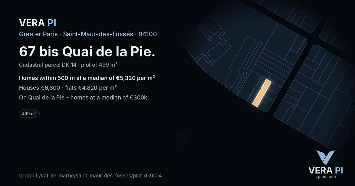 67 bis Quai de la Pie, Saint-Maur-des-Fossés at night – the plot lit, the parcels around coloured by the prices near them
