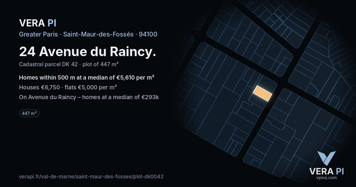 24 Avenue du Raincy, Saint-Maur-des-Fossés at night – the plot lit, the parcels around coloured by the prices near them