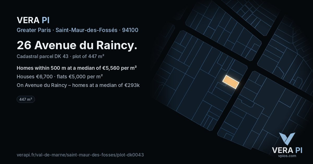 26 Avenue du Raincy, Saint-Maur-des-Fossés at night – the plot lit, the parcels around coloured by the prices near them