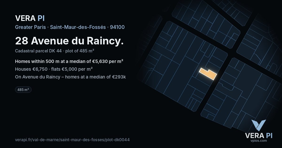 28 Avenue du Raincy, Saint-Maur-des-Fossés at night – the plot lit, the parcels around coloured by the prices near them