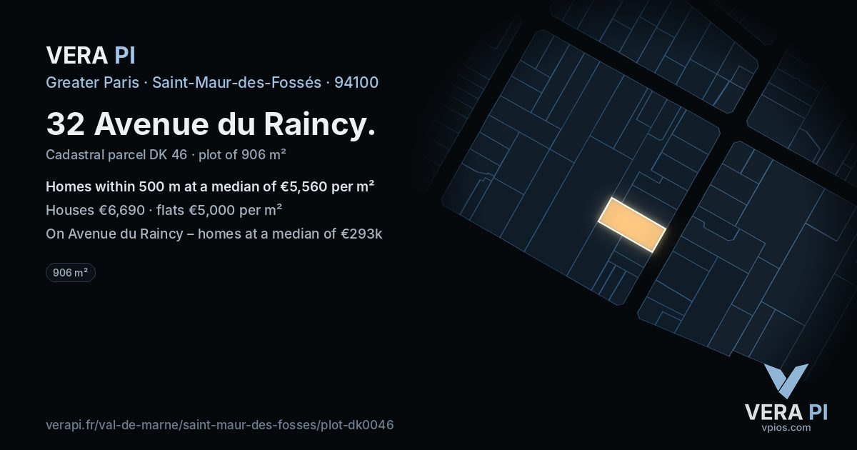 32 Avenue du Raincy, Saint-Maur-des-Fossés at night – the plot lit, the parcels around coloured by the prices near them