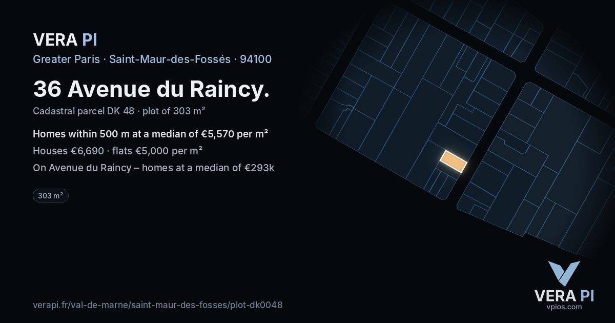 36 Avenue du Raincy, Saint-Maur-des-Fossés at night – the plot lit, the parcels around coloured by the prices near them