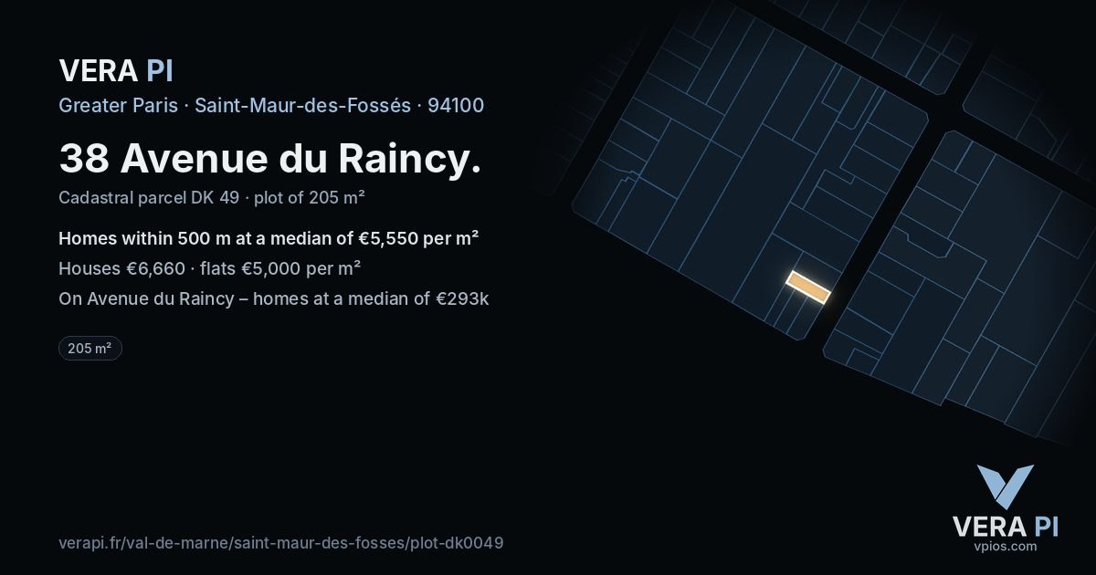 38 Avenue du Raincy, Saint-Maur-des-Fossés at night – the plot lit, the parcels around coloured by the prices near them