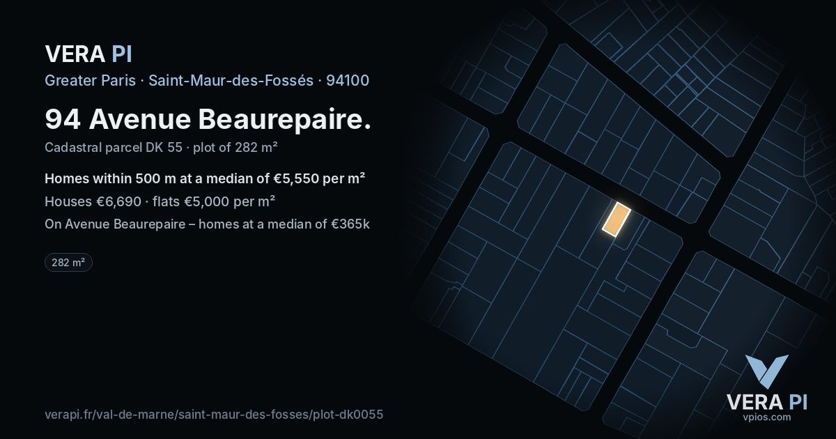 94 Avenue Beaurepaire, Saint-Maur-des-Fossés at night – the plot lit, the parcels around coloured by the prices near them
