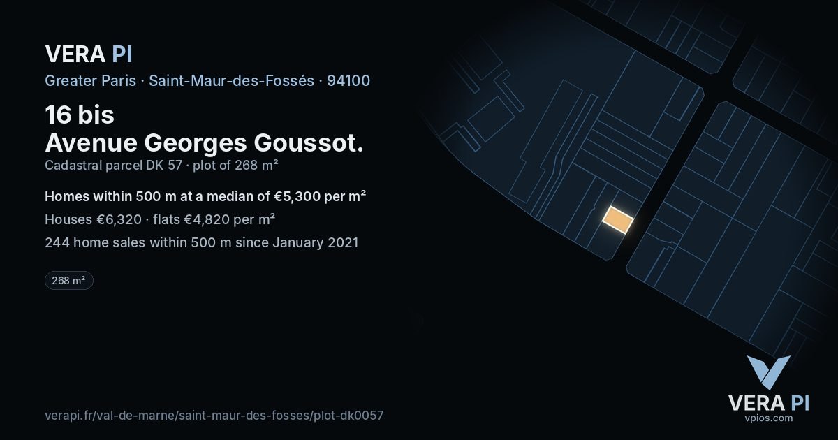16 bis Avenue Georges Goussot, Saint-Maur-des-Fossés at night – the plot lit, the parcels around coloured by the prices near them
