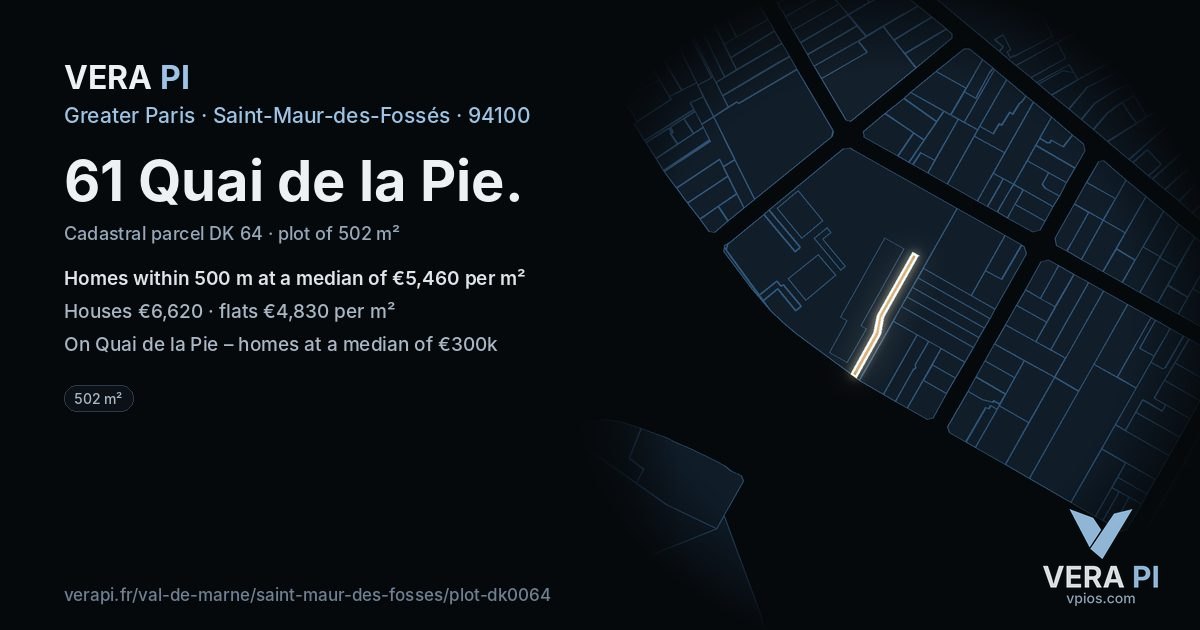 61 Quai de la Pie, Saint-Maur-des-Fossés at night – the plot lit, the parcels around coloured by the prices near them