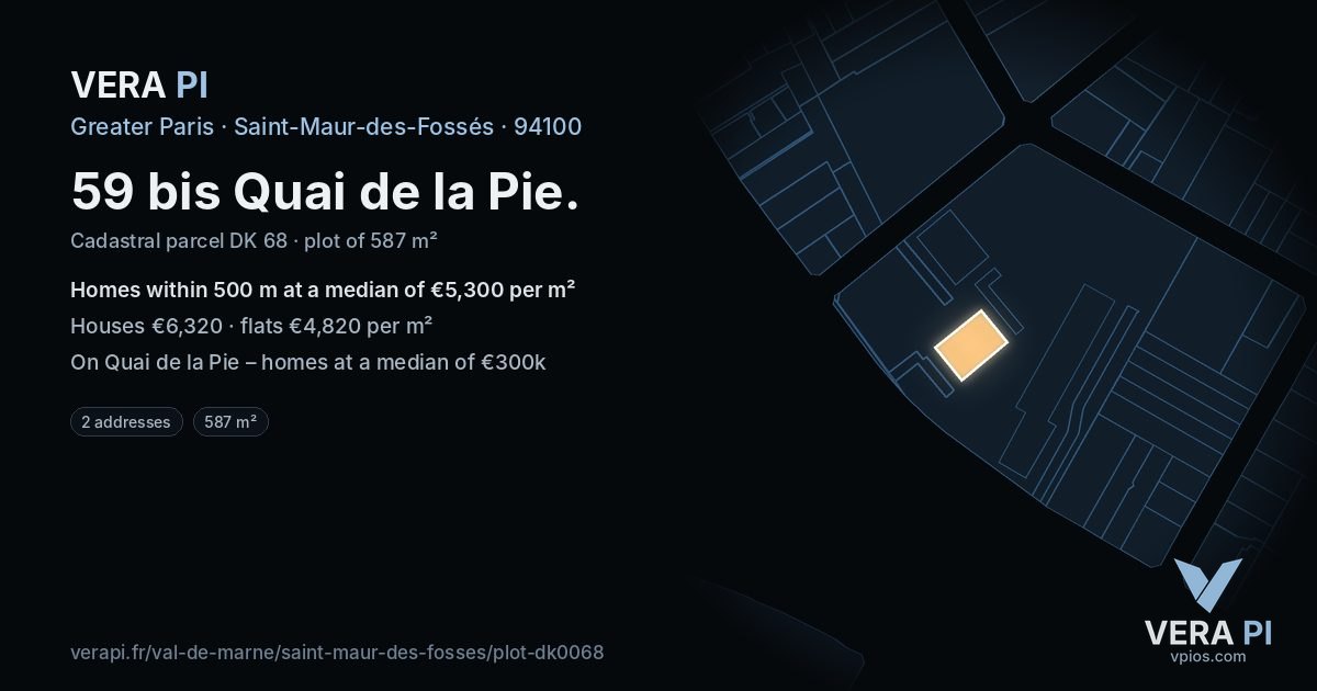 59 bis Quai de la Pie, Saint-Maur-des-Fossés at night – the plot lit, the parcels around coloured by the prices near them