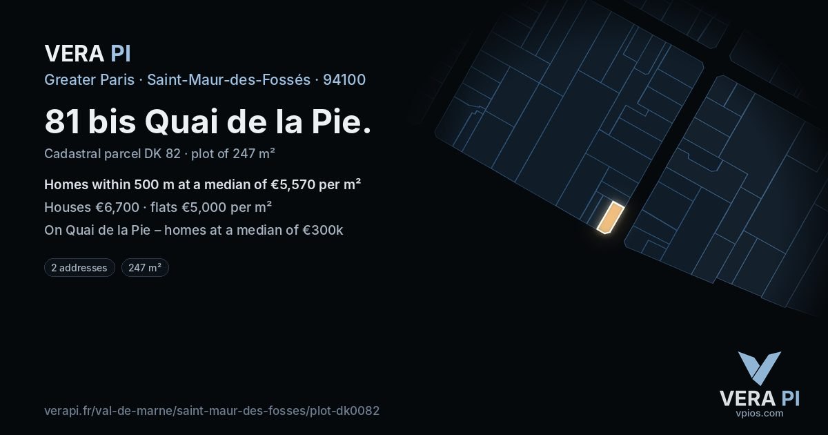 81 bis Quai de la Pie, Saint-Maur-des-Fossés at night – the plot lit, the parcels around coloured by the prices near them