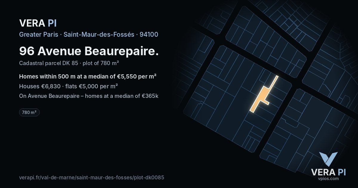 96 Avenue Beaurepaire, Saint-Maur-des-Fossés at night – the plot lit, the parcels around coloured by the prices near them