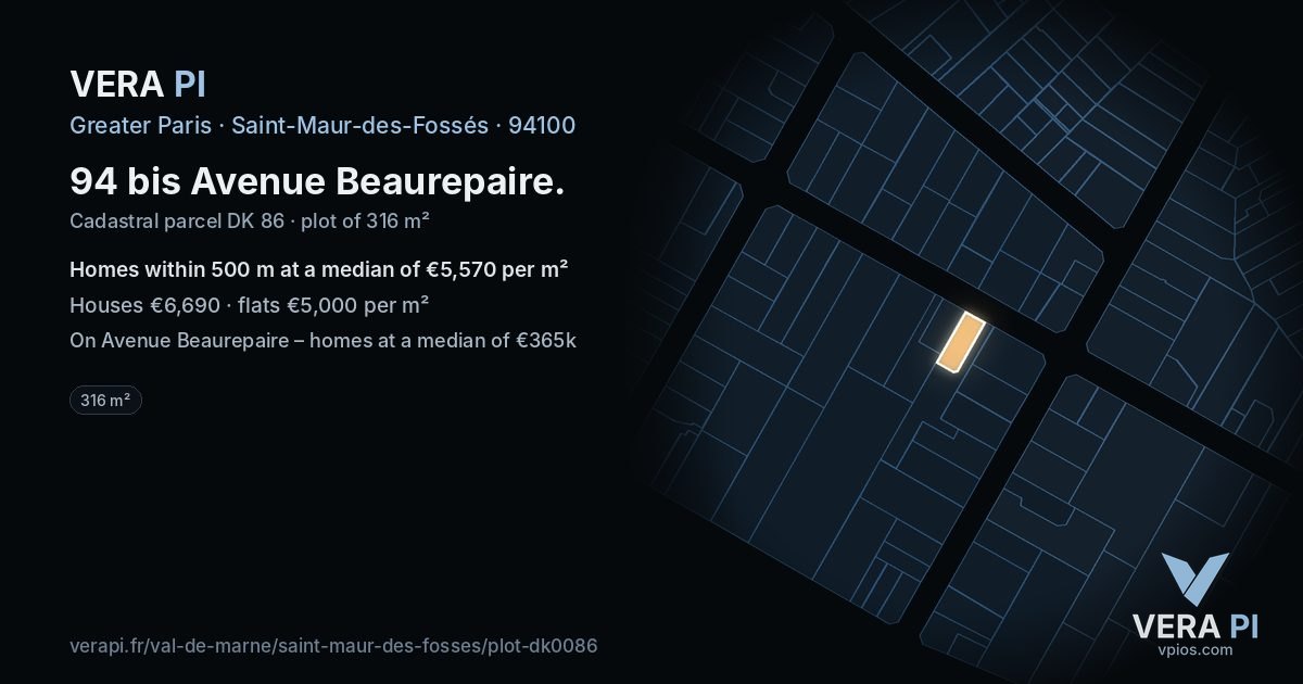 94 bis Avenue Beaurepaire, Saint-Maur-des-Fossés at night – the plot lit, the parcels around coloured by the prices near them