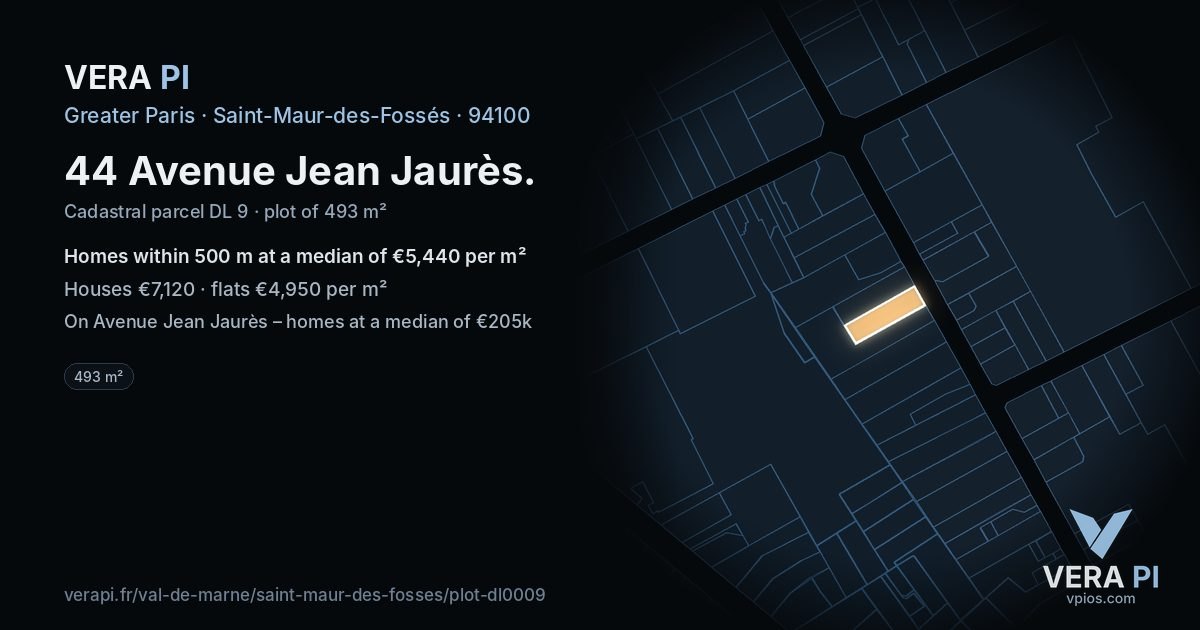 44 Avenue Jean Jaurès, Saint-Maur-des-Fossés at night – the plot lit, the parcels around coloured by the prices near them