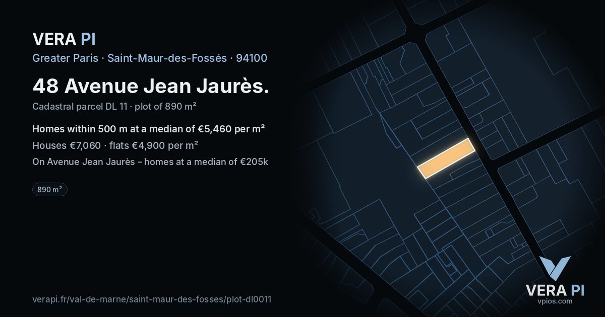 48 Avenue Jean Jaurès, Saint-Maur-des-Fossés at night – the plot lit, the parcels around coloured by the prices near them