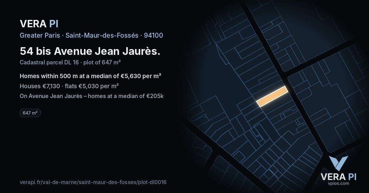 54 bis Avenue Jean Jaurès, Saint-Maur-des-Fossés at night – the plot lit, the parcels around coloured by the prices near them