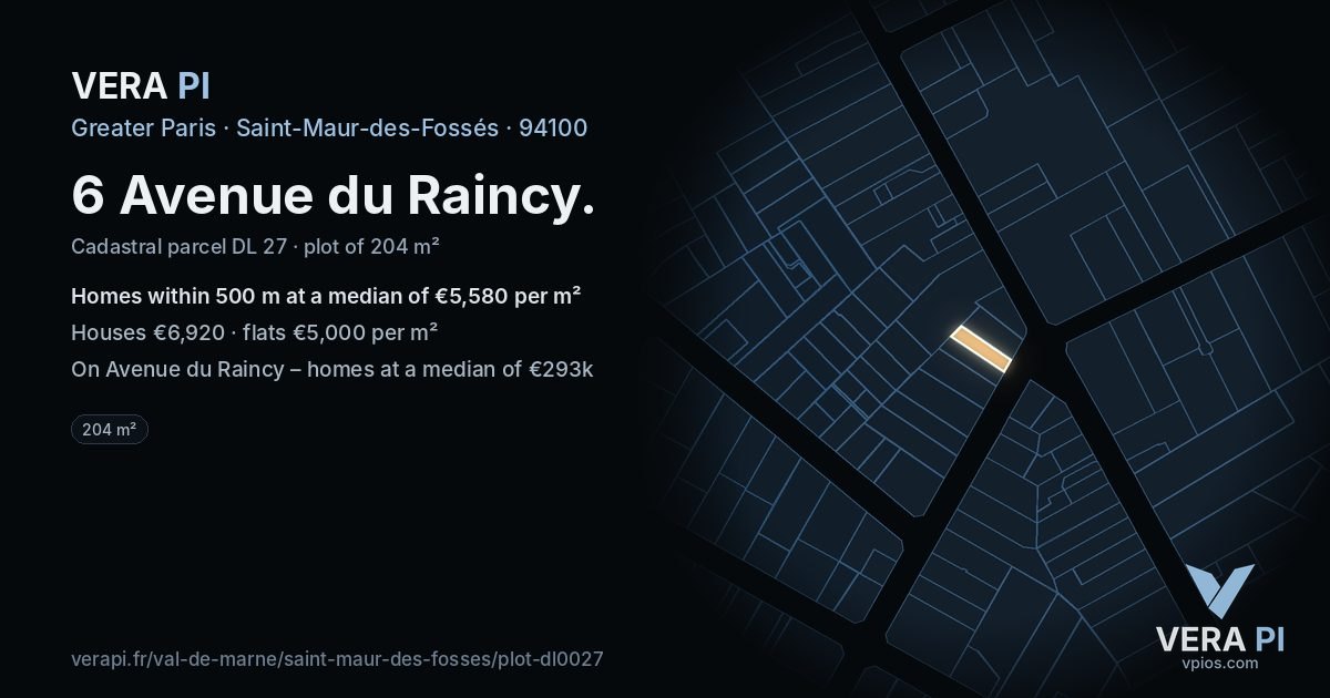 6 Avenue du Raincy, Saint-Maur-des-Fossés at night – the plot lit, the parcels around coloured by the prices near them