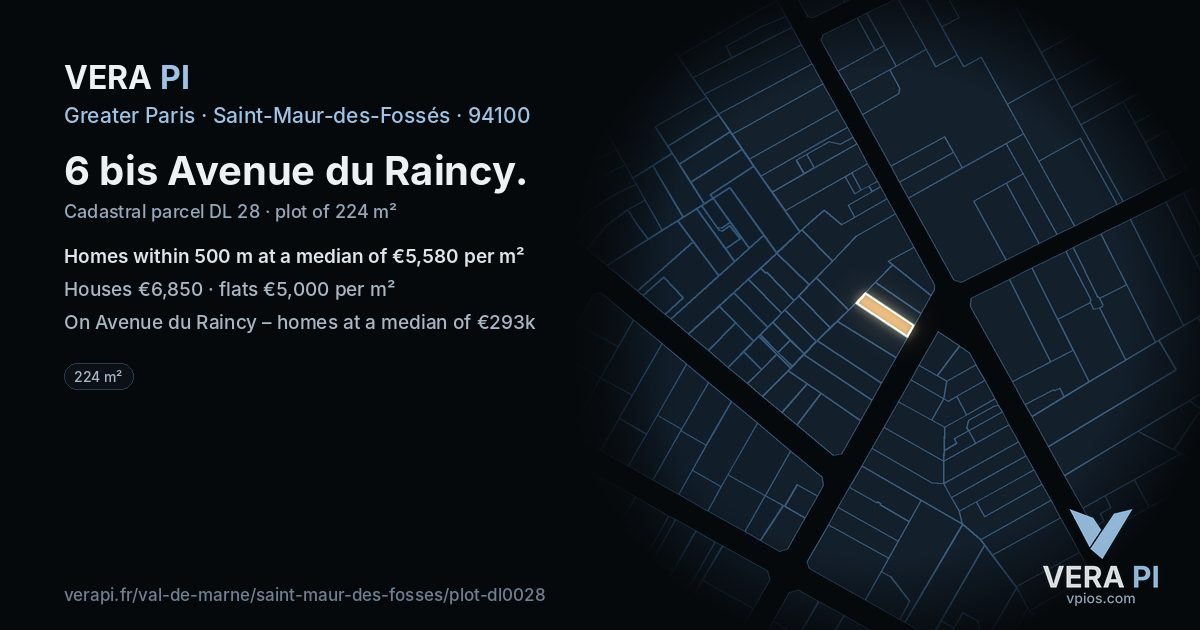 6 bis Avenue du Raincy, Saint-Maur-des-Fossés at night – the plot lit, the parcels around coloured by the prices near them