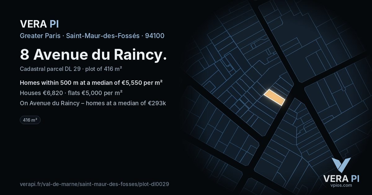 8 Avenue du Raincy, Saint-Maur-des-Fossés at night – the plot lit, the parcels around coloured by the prices near them