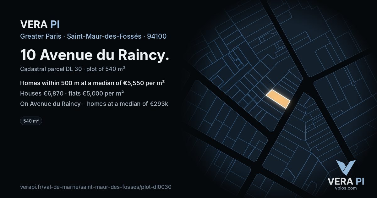 10 Avenue du Raincy, Saint-Maur-des-Fossés at night – the plot lit, the parcels around coloured by the prices near them