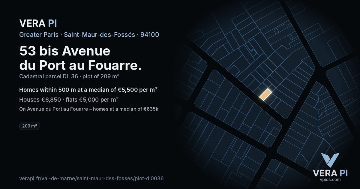 53 bis Avenue du Port au Fouarre, Saint-Maur-des-Fossés at night – the plot lit, the parcels around coloured by the prices near them