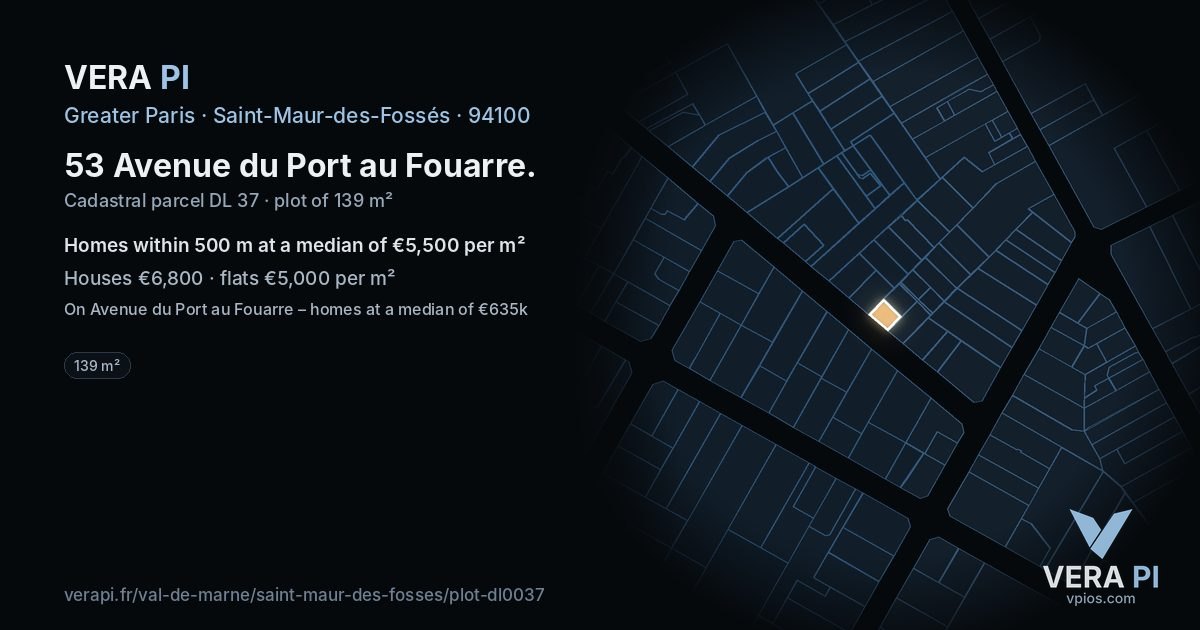 53 Avenue du Port au Fouarre, Saint-Maur-des-Fossés at night – the plot lit, the parcels around coloured by the prices near them