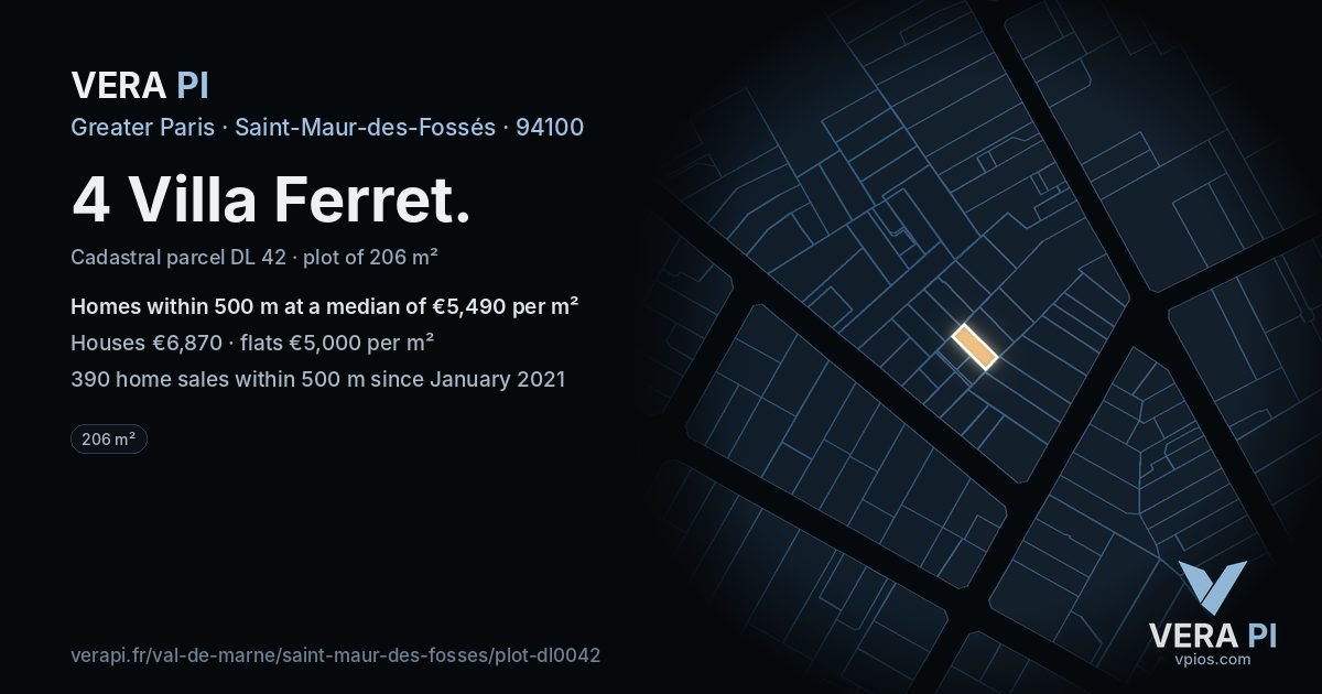 4 Villa Ferret, Saint-Maur-des-Fossés at night – the plot lit, the parcels around coloured by the prices near them
