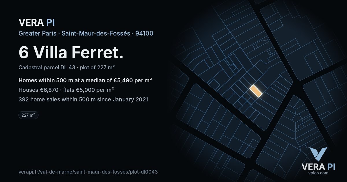 6 Villa Ferret, Saint-Maur-des-Fossés at night – the plot lit, the parcels around coloured by the prices near them