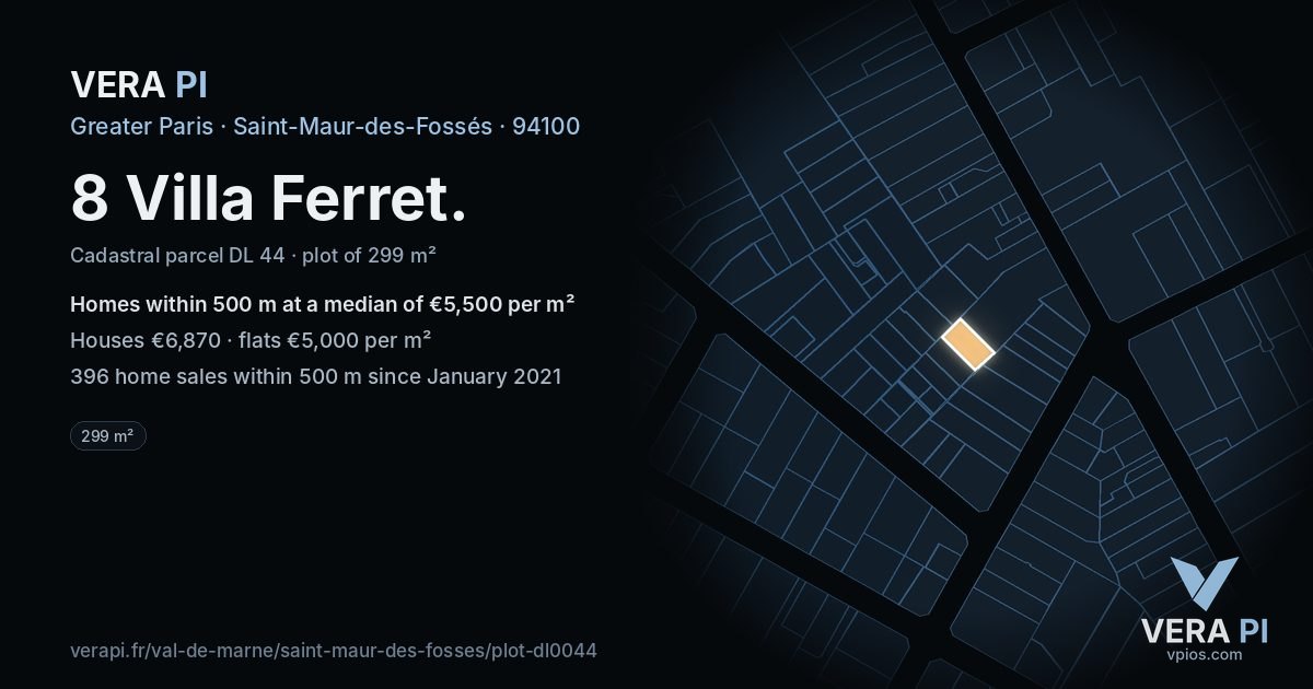 8 Villa Ferret, Saint-Maur-des-Fossés at night – the plot lit, the parcels around coloured by the prices near them