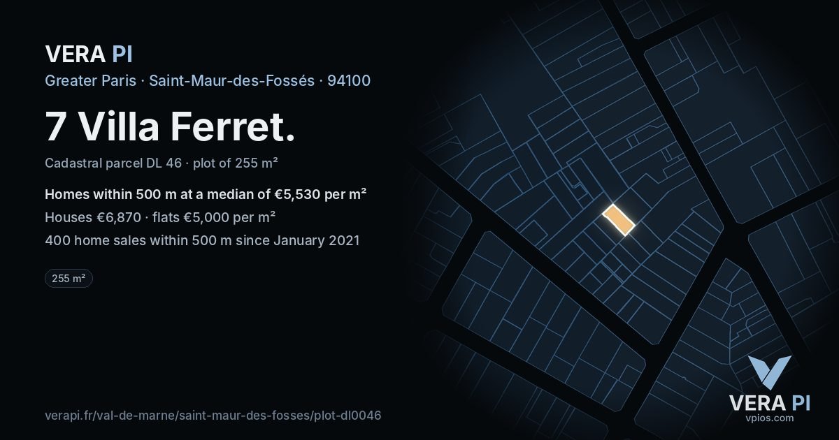 7 Villa Ferret, Saint-Maur-des-Fossés at night – the plot lit, the parcels around coloured by the prices near them