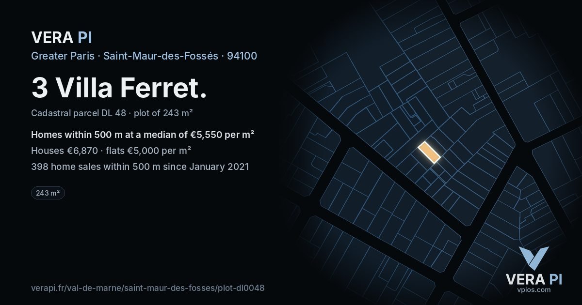 3 Villa Ferret, Saint-Maur-des-Fossés at night – the plot lit, the parcels around coloured by the prices near them