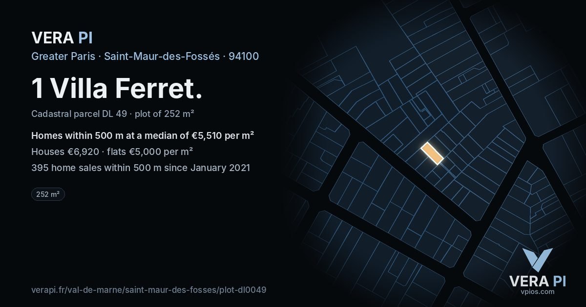 1 Villa Ferret, Saint-Maur-des-Fossés at night – the plot lit, the parcels around coloured by the prices near them