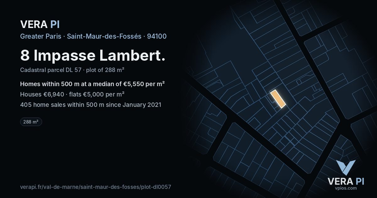 8 Impasse Lambert, Saint-Maur-des-Fossés at night – the plot lit, the parcels around coloured by the prices near them
