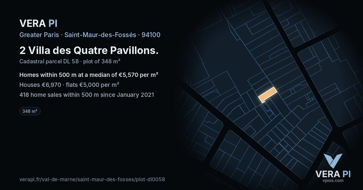 2 Villa des Quatre Pavillons, Saint-Maur-des-Fossés at night – the plot lit, the parcels around coloured by the prices near them