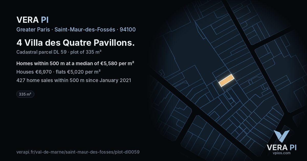 4 Villa des Quatre Pavillons, Saint-Maur-des-Fossés at night – the plot lit, the parcels around coloured by the prices near them