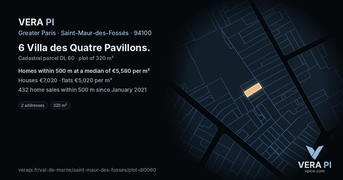 6 Villa des Quatre Pavillons, Saint-Maur-des-Fossés at night – the plot lit, the parcels around coloured by the prices near them