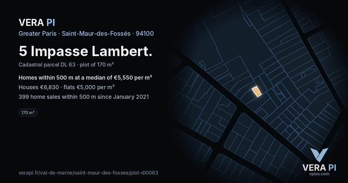 5 Impasse Lambert, Saint-Maur-des-Fossés at night – the plot lit, the parcels around coloured by the prices near them