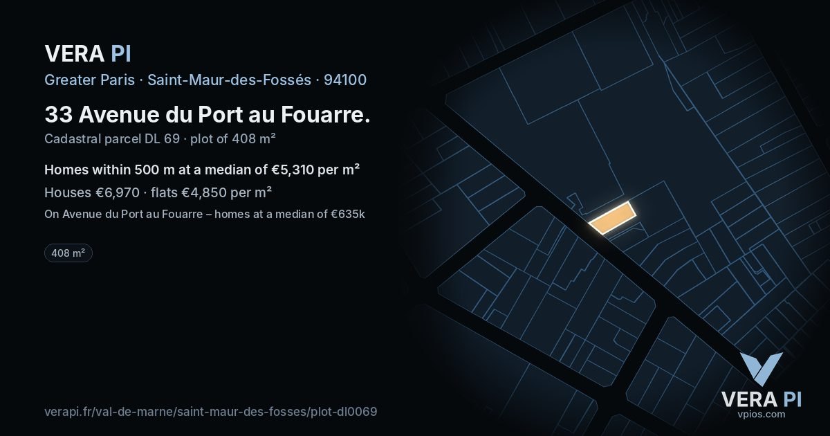 33 Avenue du Port au Fouarre, Saint-Maur-des-Fossés at night – the plot lit, the parcels around coloured by the prices near them