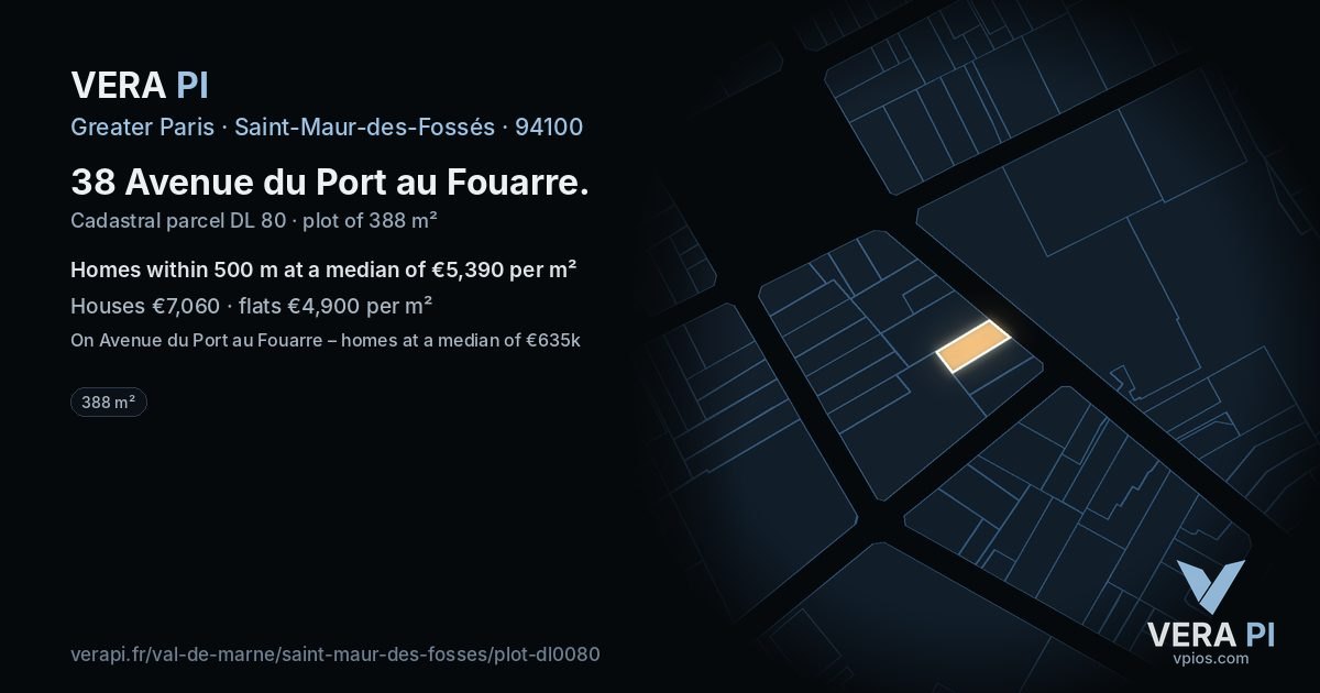 38 Avenue du Port au Fouarre, Saint-Maur-des-Fossés at night – the plot lit, the parcels around coloured by the prices near them