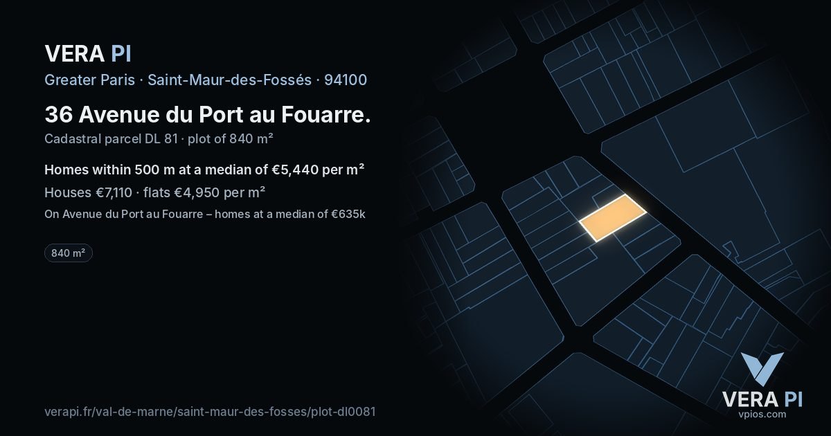 36 Avenue du Port au Fouarre, Saint-Maur-des-Fossés at night – the plot lit, the parcels around coloured by the prices near them