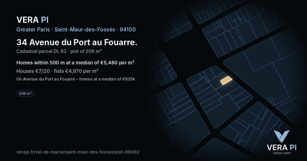 34 Avenue du Port au Fouarre, Saint-Maur-des-Fossés at night – the plot lit, the parcels around coloured by the prices near them