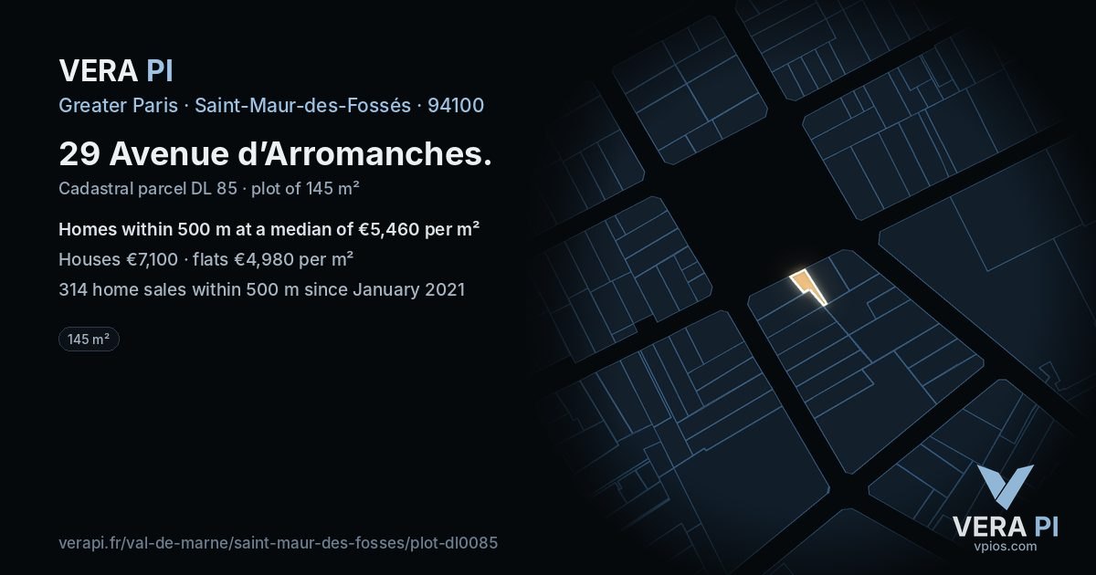 29 Avenue d’Arromanches, Saint-Maur-des-Fossés at night – the plot lit, the parcels around coloured by the prices near them