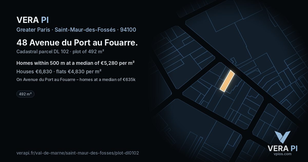 48 Avenue du Port au Fouarre, Saint-Maur-des-Fossés at night – the plot lit, the parcels around coloured by the prices near them
