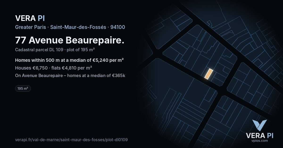 77 Avenue Beaurepaire, Saint-Maur-des-Fossés at night – the plot lit, the parcels around coloured by the prices near them