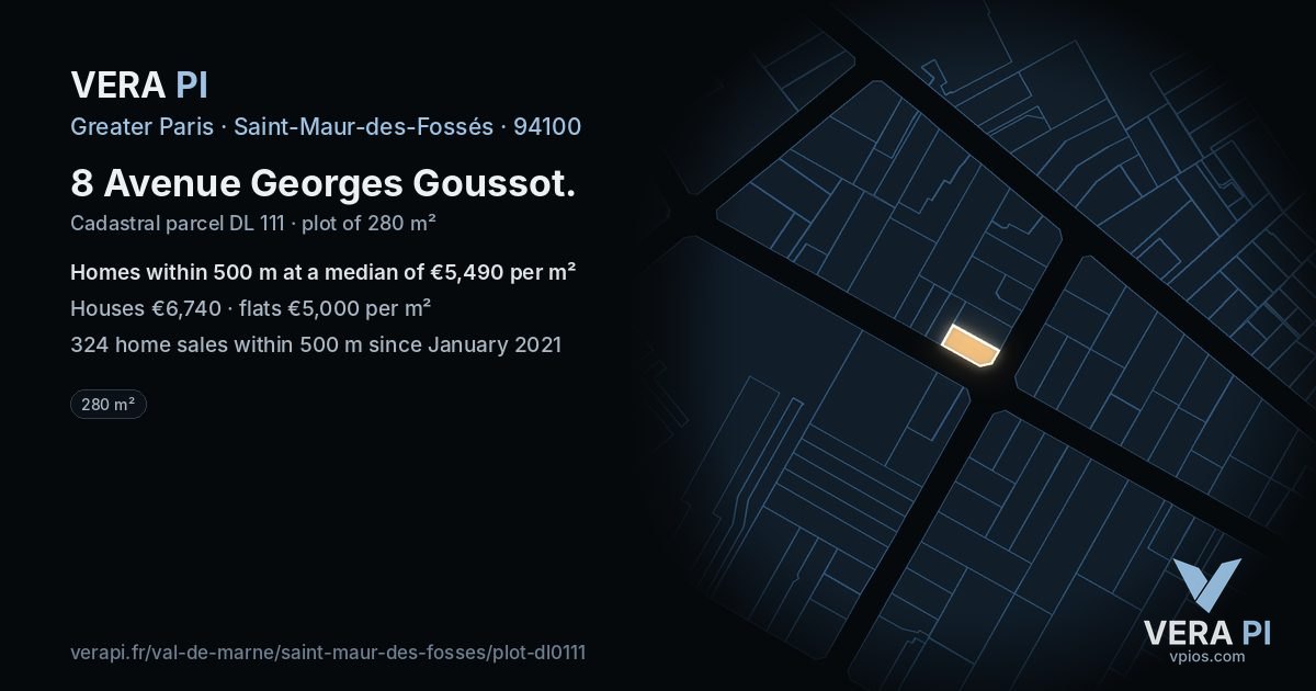 8 Avenue Georges Goussot, Saint-Maur-des-Fossés at night – the plot lit, the parcels around coloured by the prices near them