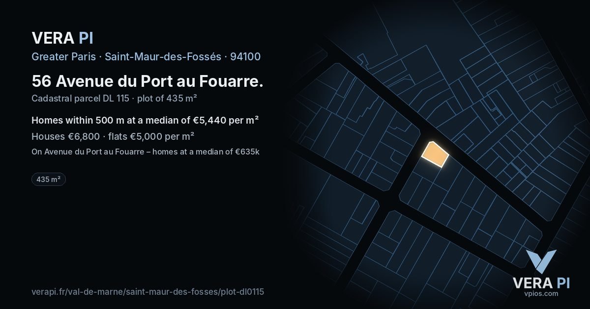56 Avenue du Port au Fouarre, Saint-Maur-des-Fossés at night – the plot lit, the parcels around coloured by the prices near them