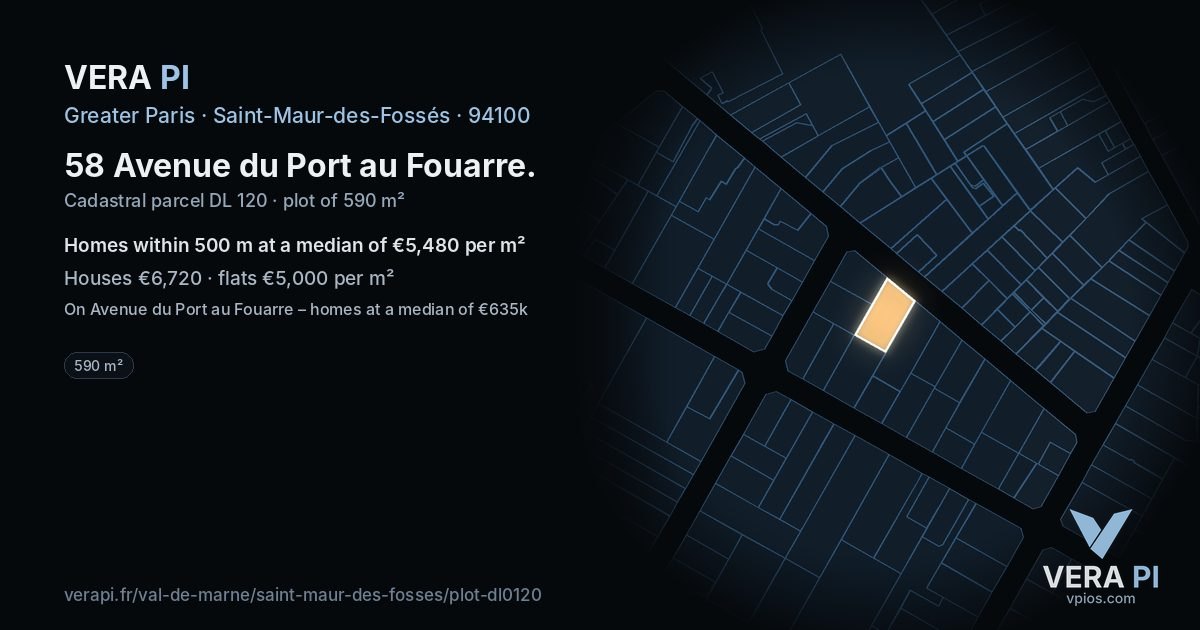 58 Avenue du Port au Fouarre, Saint-Maur-des-Fossés at night – the plot lit, the parcels around coloured by the prices near them