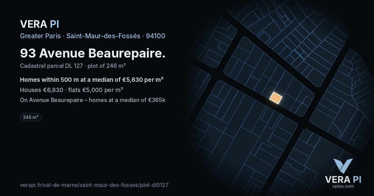93 Avenue Beaurepaire, Saint-Maur-des-Fossés at night – the plot lit, the parcels around coloured by the prices near them